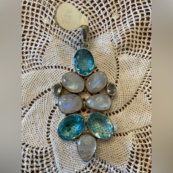 NWT HUGE Gemstone Pendant Rainbow Moonstone Blue Quartz Blue Topaz STERLING - Picture 3 of 9